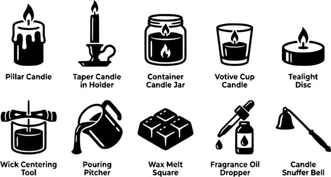 Set of candle making and wax crafting icons showing different types of candles and production tools