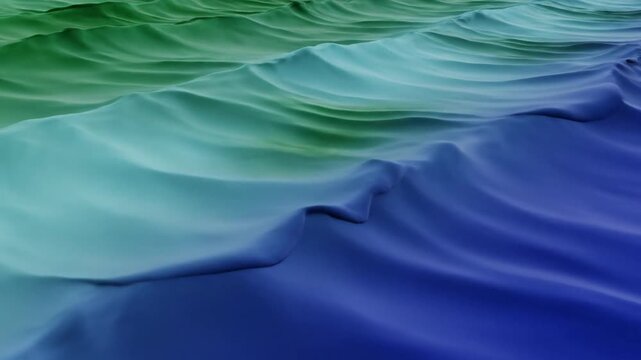Abstract 3D render of smooth undulating waves with a color gradient transition from deep blue to vibrant green, showing soft peaks and valleys with a matte surface texture.