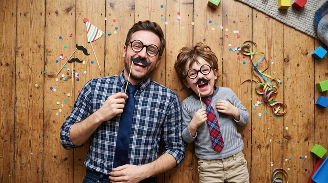 Father and son laughing with playful mustache props and party decorations, fun Father's Day family celebration