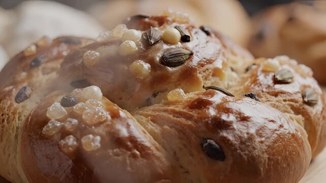 Closeup of a delicious braided sweet bread with toppings.