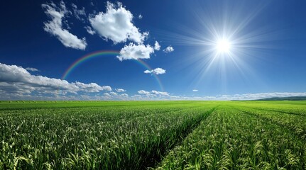 Fototapeta premium Vibrant Green Field Under a Bright Sunny Sky with a Rainbow Arching in the Clouds