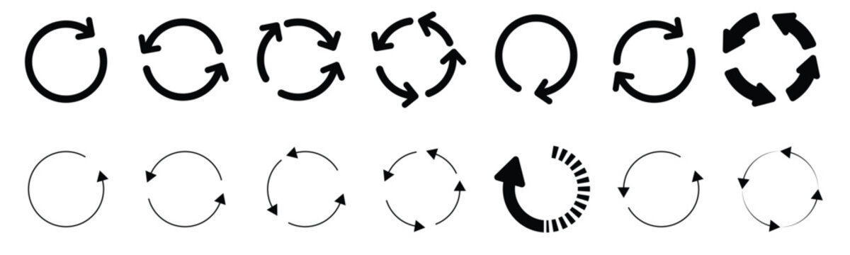 Set of circular arrow icons showing minimalist loop shapes refresh symbols and synchronization pointers perfectly designed for website loading status bars system