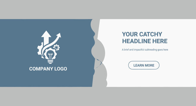 Clean and simple corporate banner layout for business strategy, innovation, and upward growth, featuring a dynamic lightbulb and arrow emblem