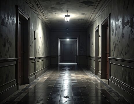 A dimly lit, eerie corridor with peeling walls and wet floor