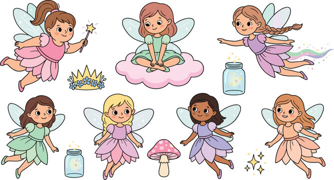 Cute Cartoon Fairies and Magical Pixie Girls Vector Character Set with Magic Wands, Wings, and Fairytale Elements for Nursery, Kids Birthday, and Storybook Designs