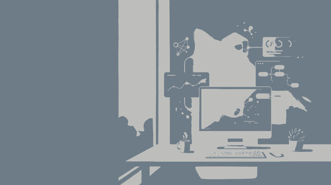 Digital workspace illustration depicting a computer setup with data visualizations and charts, set against a window view