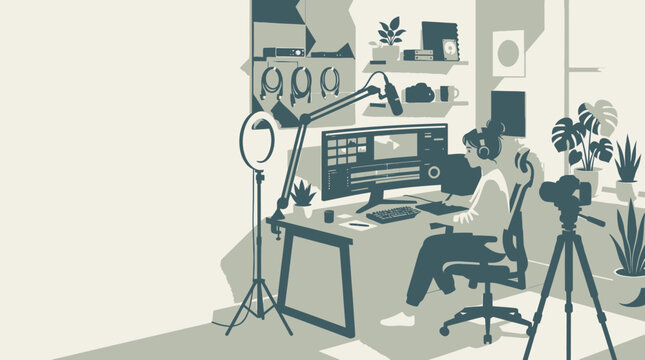 Creative woman producing digital content in her modern home studio, utilizing professional video editing software and streaming equipment for online audience engagement