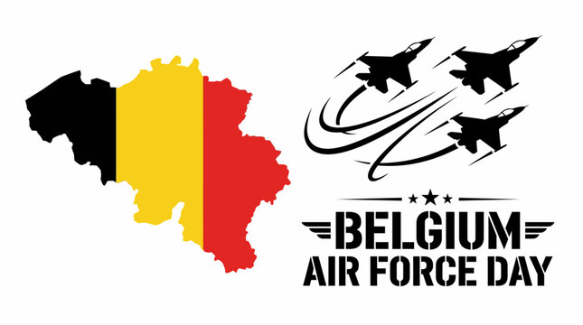 Dynamic graphic celebrating Belgium's national air force day, featuring a country map outline and powerful jet fighters in flight, symbolizing national pride and aerial defense
