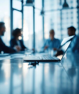 Modern boardroom meeting with blurred professionals discussing strategy around a table with a laptop