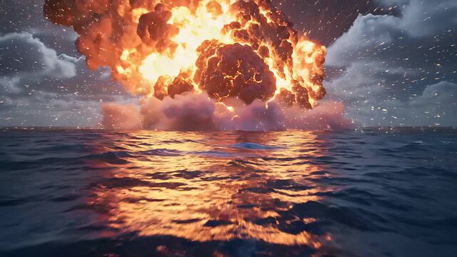 Large flaming meteor crashing into the ocean at night. Dramatic impact causing a massive fiery explosion with sparks and water splashes. Apocalypse and catastrophic disaster concept for sci-fi.