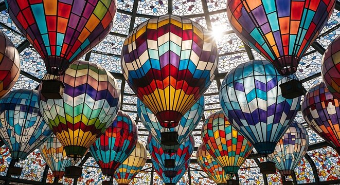 Colorful hot air balloon decorations hanging from a glass mosaic ceiling