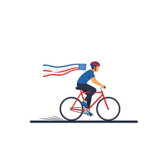 Fototapeta premium Athlete cycling with patriotic stars and stripes banner