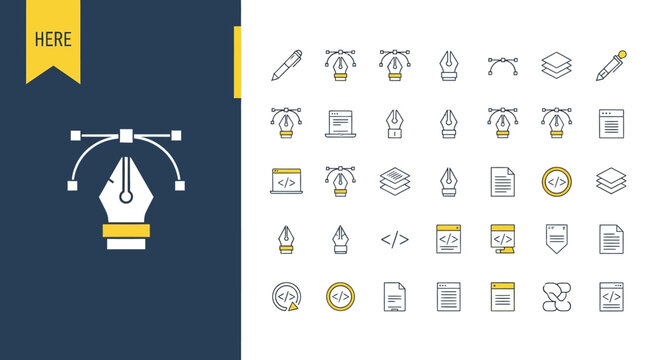 Business icons, modern UI symbols, yellow and gray vector graphics, 30 editable elements isolated on White Background Editable EPS