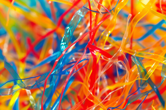 Macro of tangled molten colored plastic threads texture background