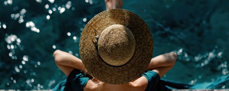 A cinematic rear-view of two people lounging seaside in straw hats, basking in sunlight. Dreamy tropical escape with turquoise water creates a high-end resort vibe.