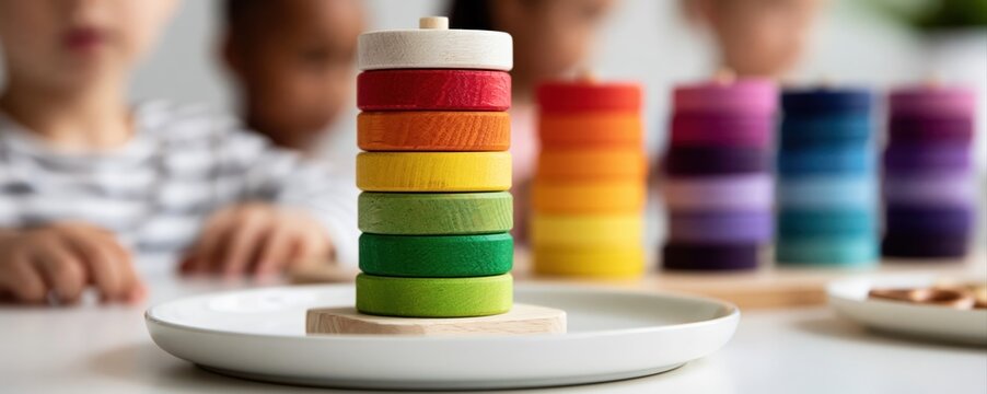 A colorful wooden stacking toy sits on a bright minimalist table in a modern preschool. Soft lighting and a blurred background of children highlight simplicity and safety.