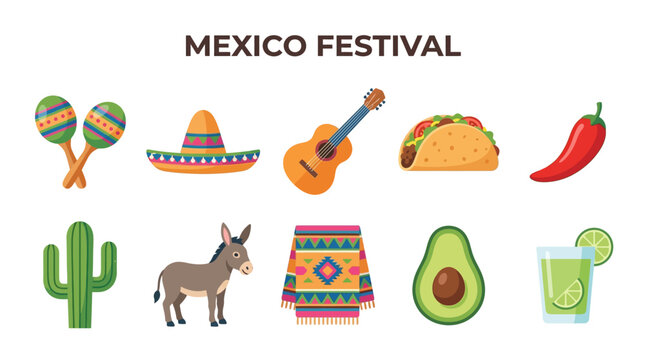 Mexican Festival Symbols with Maracas Sombrero Guitar Taco and Cactus