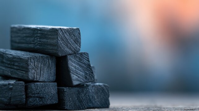 Stacked charcoal briquettes with soft, blurred background and warm light