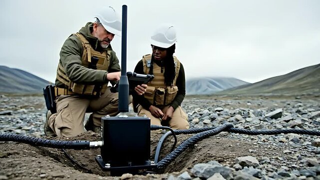 Engineers in tactical gear operating remote sensor equipment in a rocky field. Diverse team using a tablet to monitor data. Research concept ideal for geology and technology marketing.
