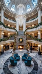 Fototapeta premium Luxury hotel lobby with holiday decorations