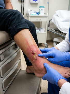 Doctor examining infected leg wound with pus and redness in a medical clinic