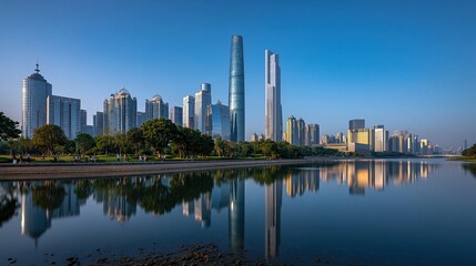 Fototapeta premium Modern Cityscape with Tall Skyscrapers Reflecting in Calm River at Sunrise