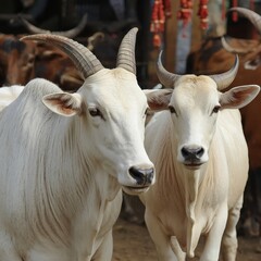 Fototapeta premium Two majestic white zebu cattle stand together in this detailed close up photograph capturing their unique curved horns and gentle facial expressions while they look towards the camera with calm eyes.
