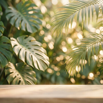 Empty Wooden Table Surface with Blurred Tropical Monstera and Palm Leaves Background in Soft Sunlight