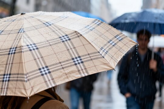 Person holding plaid umbrella in rain
