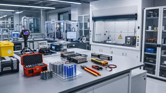 Battery testing and research equipment arranged on a lab bench in a modern technology facility with various tools and devices present during daytime