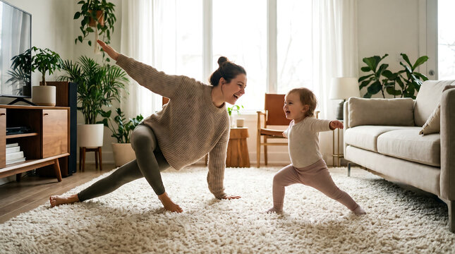 Mother and child exercising together in a cozy living room at home with domestic