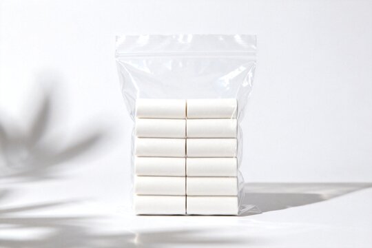 White cylindrical items in clear packaging