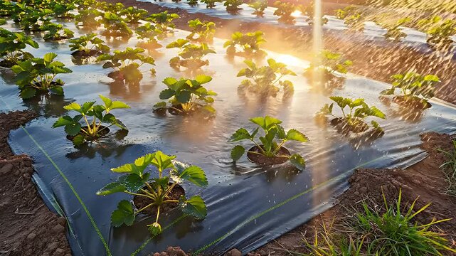 Young strawberry plants being watered in a field at sunset. Crop growing through black plastic mulch with irrigation spray. Sustainable agriculture concept for farming and food production marketing.