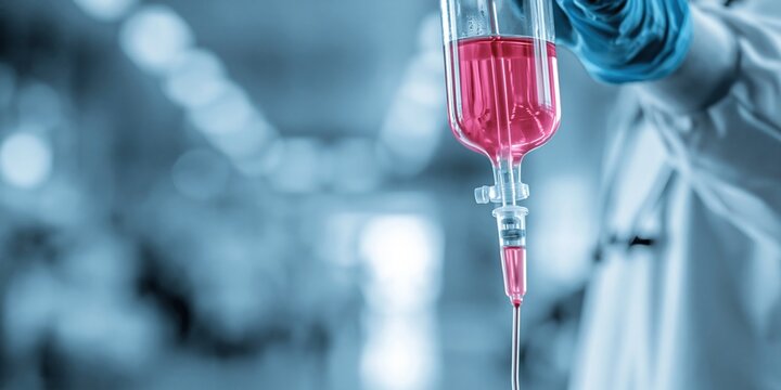 Medical Infusion Bag with Pink Liquid Being Administered by a Gloved Hand in a Clinic Setting