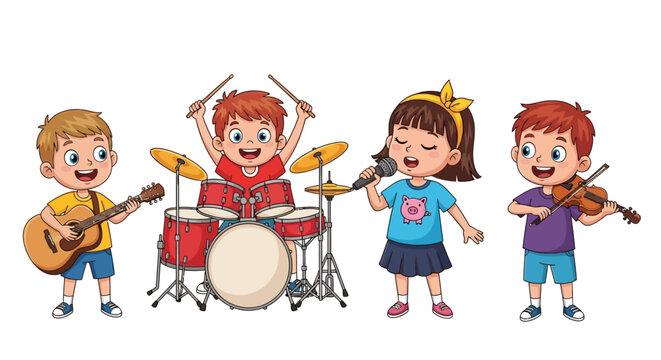 Kids playing musical instruments, cartoon children with guitar, drums, recorder, violin, colorful illustration, kids music class, elementary school band