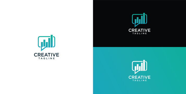 Modern dynamic speech bubble logo with bar chart representing communication, data analytics, and business growth. Ideal for financial, marketing, and 
