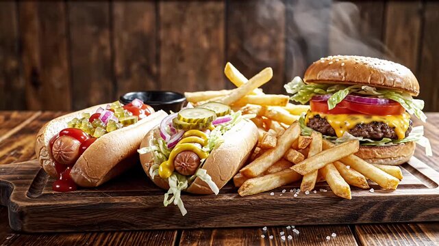 Delicious hamburger and hot dogs with french fries on a wooden board