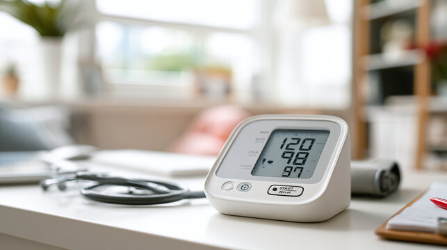 Digital blood pressure monitor on a doctor's desk showing high readings for cardiovascular health monitoring concept in a bright medical clinic setting