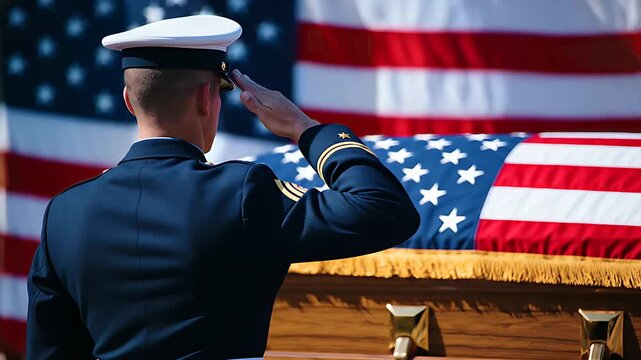 US military officer saluting a flag-draped casket during a funeral. Solemn service with American flag background honoring a fallen hero. Ideal for Memorial Day and national tribute campaigns.