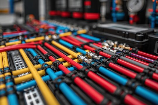 Intricate Network of Colorful Pipes and Cables in Industrial Plumbing System