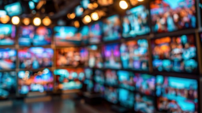 Blurred wall of multiple television screens displaying colorful broadcasts in a studio setting