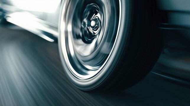 Close up of a spinning car wheel in motion blur on a road