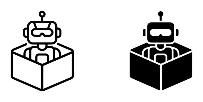 Robot in a Box Icon Set, AI Character Outline and Silhouette, Future Technology Concept, Artificial Intelligence Symbol, Vector Graphics