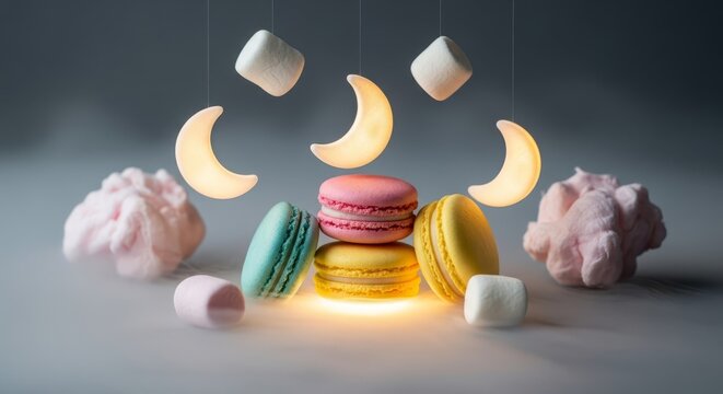A delightful stack of pastel macarons illuminated by glowing crescent moons and floating marshmallows