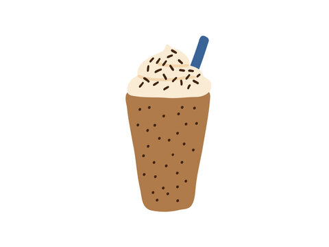 Flat illustration of a mocha frappe with whipped cream and chocolate topping on white background. Tasty blended coffee graphic for menus, stickers, and cafe designs.