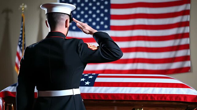 US Marine saluting a flag-draped casket during a solemn military funeral service. Officer in dress blues paying respects with an American flag background. Patriotism and sacrifice concept.