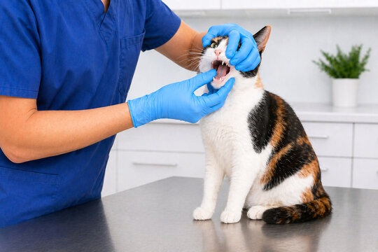 Veterinarian woman examining mouth of calico cat in clinic. Doctor checking teeth and dental health of pet. Professional animal care, hygiene and medical checkup in veterinary office.