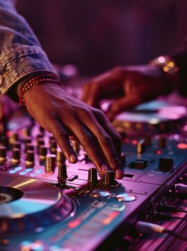Close-up on hands of a DJ operating a mixing console with vibrant, colorful lighting in a club setting