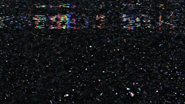 Abstract glitch overlay with heavy digital pixel noise and flickering static particles, broken RGB scanlines moving across dark space with random interference and corrupted visual effects.