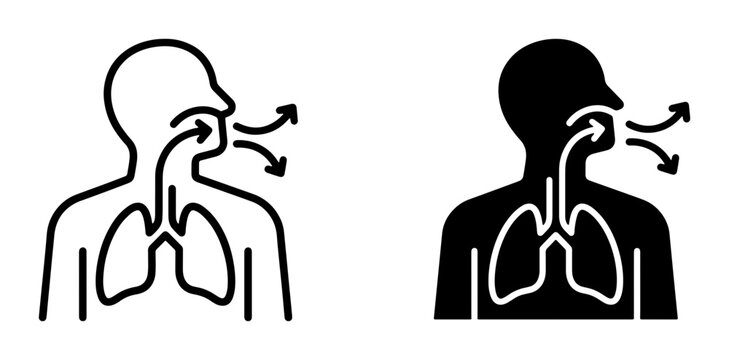 Human Respiration Icon Set, Breathing Process Vector Graphics, Respiratory System Outline and Silhouette